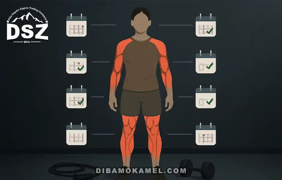 این تصویر مسیر انتخاب تعداد روزهای تمرین را گام‌به‌گام نشان می‌دهد: مبتدی‌ها معمولاً با ۲ تا ۳ روز فول‌بادی بهترین پیشرفت را می‌گیرند، اهداف عضله‌سازی میان‌رده با ۳ تا ۵ روز و قدرت‌محور با ۳ تا ۴ روزِ هدفمند نتیجه می‌گیرند. اگر زمان محدود است، جلسات کم‌تعداد اما پربازده با حرکات چندمفصلی توصیه می‌شود؛ در صورت ریکاوری قوی می‌توان روز چهارم یا پنجم را افزود. این رویکرد تصمیم‌گیری را با پرسش «چند روز در هفته بدنسازی کنیم؟ راهنمای علمی» همسو می‌کند.