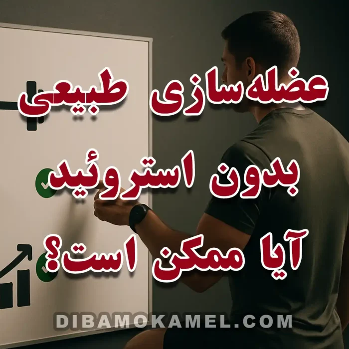 کاور «عضله‌سازی طبیعی بدون استروئید آیا ممکن است؟» با ورزشکار طبیعی در حال تمرین مقاومتی.