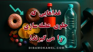 کاور «غذاهایی که جلوی عضله‌سازی را می‌گیرند!» با نمایش فست‌فود، نوشیدنی قندی و الکل کنار هالتر.